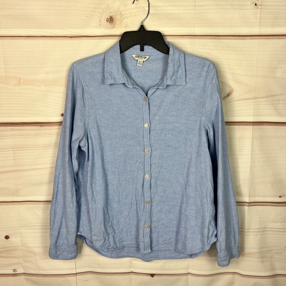 Orvis Top Womens Medium Blue Linen Blend Shirt Button Up Long Sleeve Classic